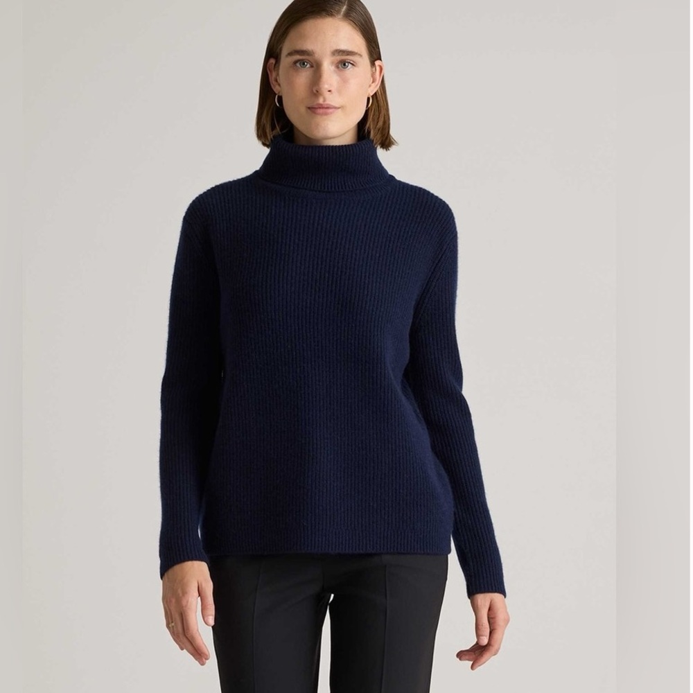 Quince Mongolian Cashmere Fisherman Turtleneck Sweater 100% Cashmere Navy Blue